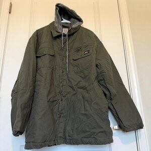 Dickies Mens 2XL Olive Hooded Jacket Gray Lining Pockets WorkWear Canvas